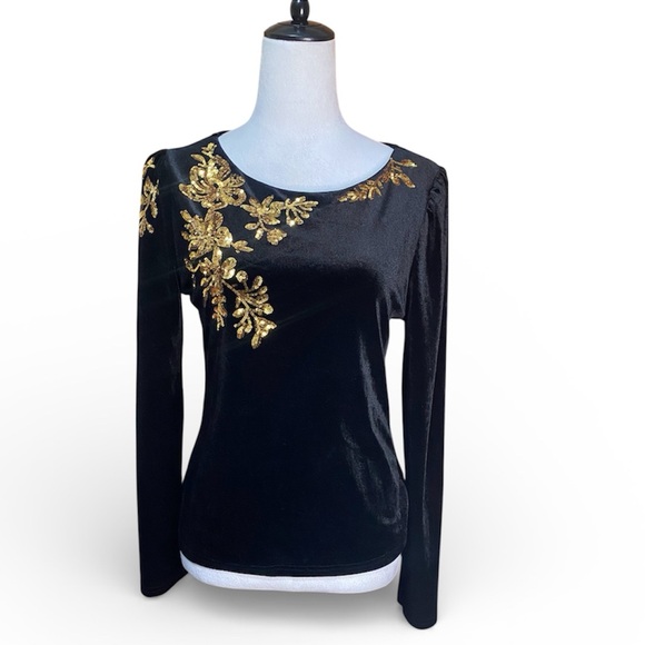 NWOT Elegant Black and Gold Embellished Top - Picture 2 of 6